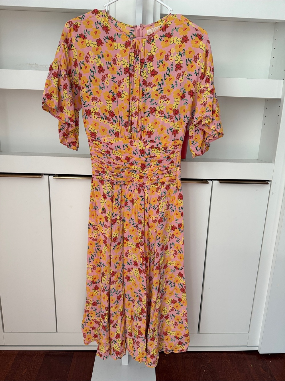 by Timo Smocked Waist Maxi Flowy Dress Sz XS Orange Yellow Pink Floral